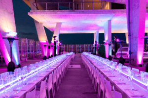 Rooftop Miami celebrity chef activation featuring Dominique Crenn and José Andrés with full catering setup.