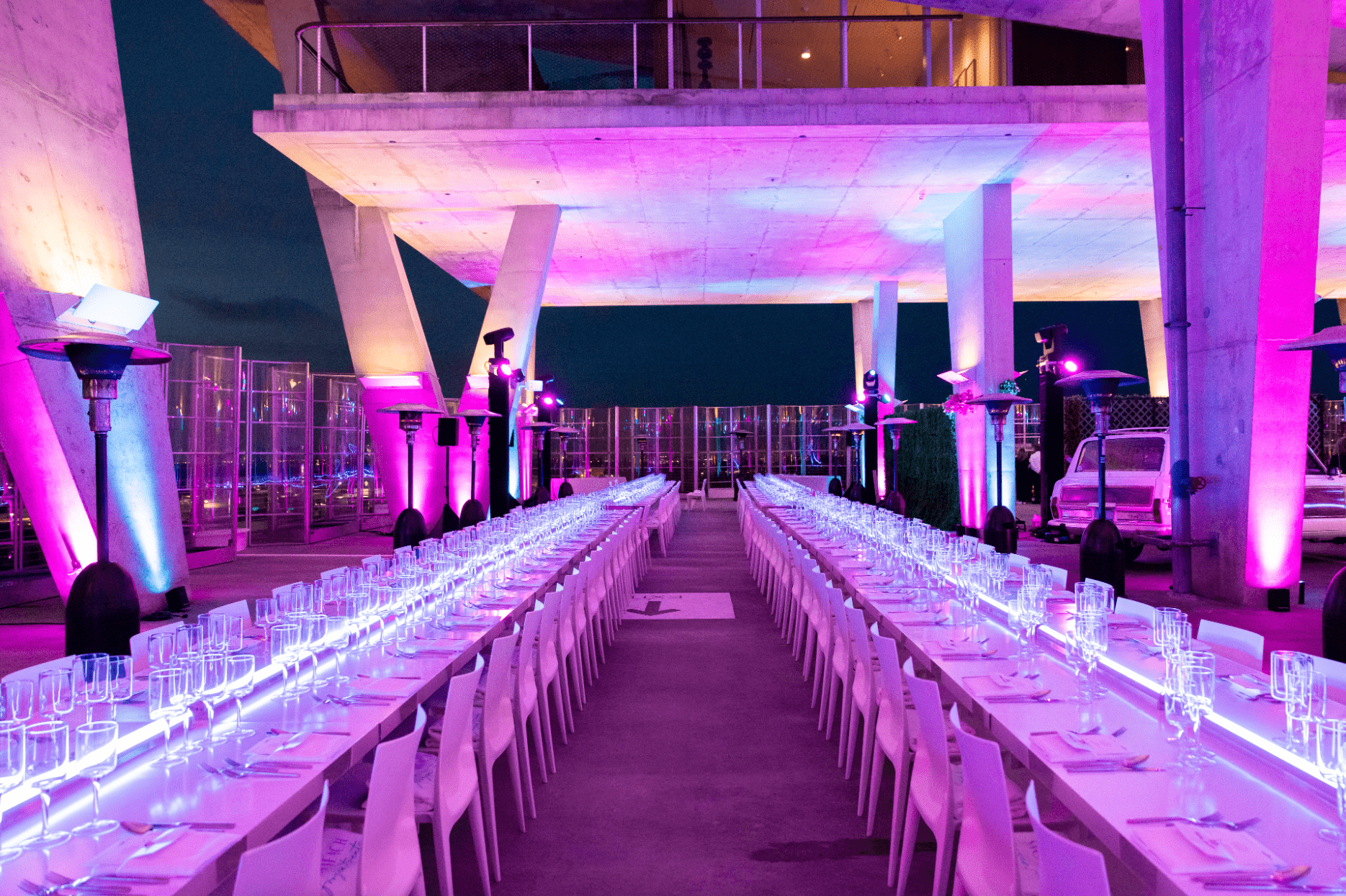 Rooftop Miami celebrity chef activation featuring Dominique Crenn and José Andrés with full catering setup.